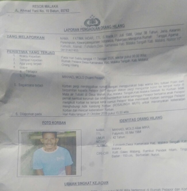Keluarga Besar dan Istri Resmi Laporkan Hilangnya Michael Molo ke Polres Malaka